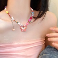 Sweet Cool Pink Blue Star Butterfly Pendant Beads Necklace Clavicle Chain Choker Jewelry
