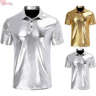 Men 70s Disco Costume Bronzing Shirt Short Sleeve Button Down T Shirts Lapel Top
