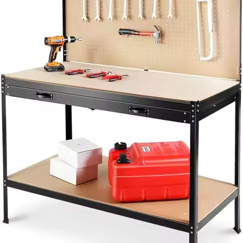 61 Woodworking Workbench with Drawers, Shelf, and Pegboard, 300 lbs Capacity, Black