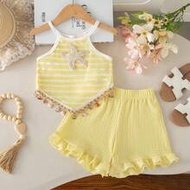 2pcs/Set Girls Summer New Vacation Casual Cute Girls Spaghetti Strap V-Neck Crochet Striped Beach Fa