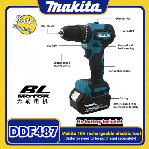 Makita Original DDF487 Cordless Driver Drill Brushless Electric Impact Screwdriver 18V Rechargeable 