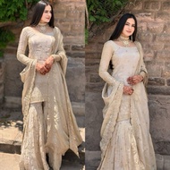 White Heavy Embroidery Chinon Silk Sharara Suit M-XXL July24