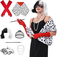 Aragallant Cruella Women's Costume, Short Black and White Wig, Halloween Costume Women's Set, 70s Ac