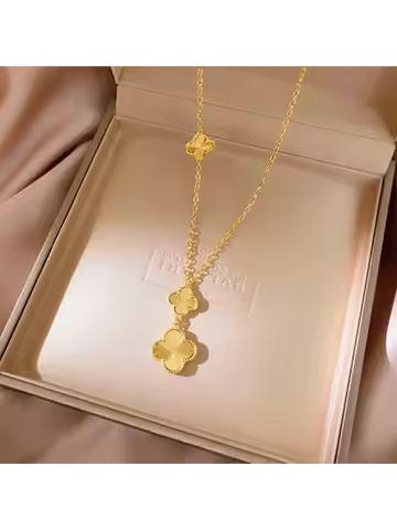 Light luxury 24K real gold four-leaf clover integrated necklace au9999 three-flower clavicle chain h