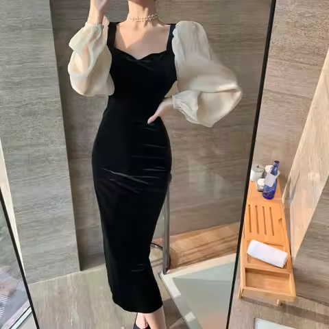 Dress Hip-covering Hot Girl Pure Lust Style Golden Velvet Belly-covering Slimming Long Skirt