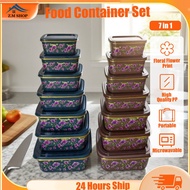 7 In 1 Food Container Set,Floral Flower Print Food Storage Box,Lunch Box With Lid,Plastic Box,Contai