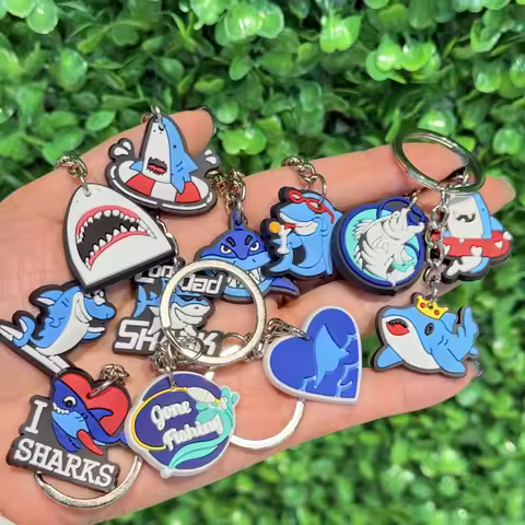 1-12Pcs I Love Sharks Car Key Chain Accessories Surfing Shark Fishing Silicone Keyring DIY Children 