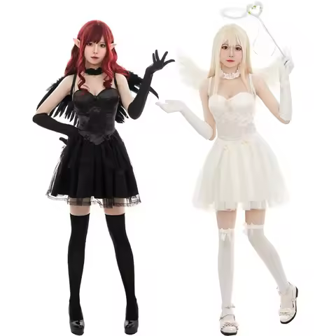 White Angel and Fallen Dark Angels Devil Cosplay Gauze Dress for Women Feather Wings Elf Birthday Or