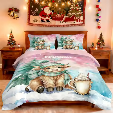 3pcs Christmas Pink Highland Cow Print Coreless Bedding Set Multi Sized Bedding Bedding Decoration C