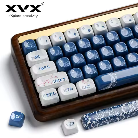 XVX Chinese Style PBT Ceramic Keycaps 5 Side Dey Sublimation 140 Keys MOA Profile White and Blue Smo