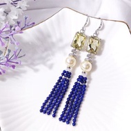 頂級黃水晶 青金石流蘇 黃金貝珠 招財 事業 耳環 單品 禮物 獨家