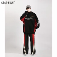 STAR FRUIT   เสื้อสเวตเตอร์เสื้อยืดคอกลมของผู้ชายลายผลไม้เสื้ออเมริกาแบบย้อนยุคสีดำและสีแดงสีตัดเสื้