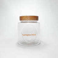 1 L Pet Jar Natural Round Wooden Lid / Fried Onion Jar / Snack Jar / Plastic Jar / 1 L Jar