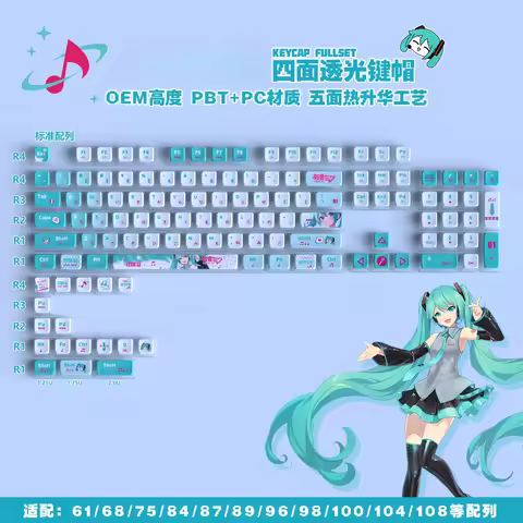 Anime Hatsune Miku Peripheral Four-sided Translucent Full Set of Keycaps OEM Height PBT Material Mec
