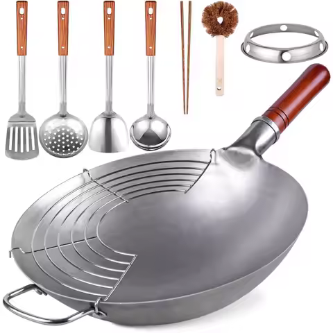 Carbon Steel Wok Traditional Hand Hammered Wok - 13.4" Chinese Wok Round Bottom Wok Pan Set with 8 P