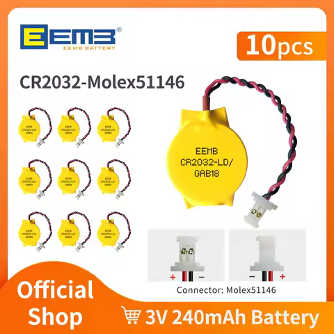 10PACK EEMB 3V 2Pin CR2032 Battery with Wire CR2016 CMOS Battery Motherboard Laptop Replacement Batt