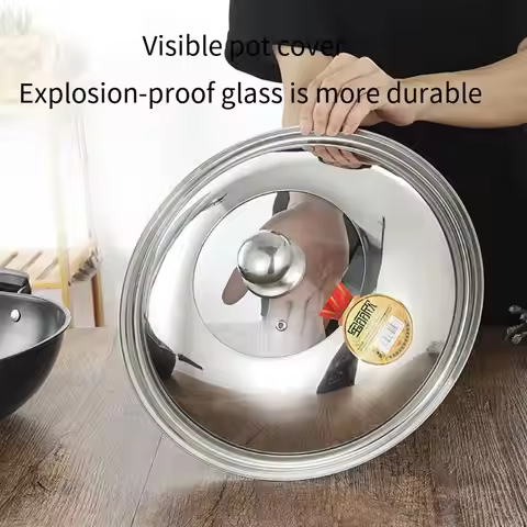 Explosion-proof glass visible lid food-grade non-magnetic stainless steel lid frying pan flat-bottom