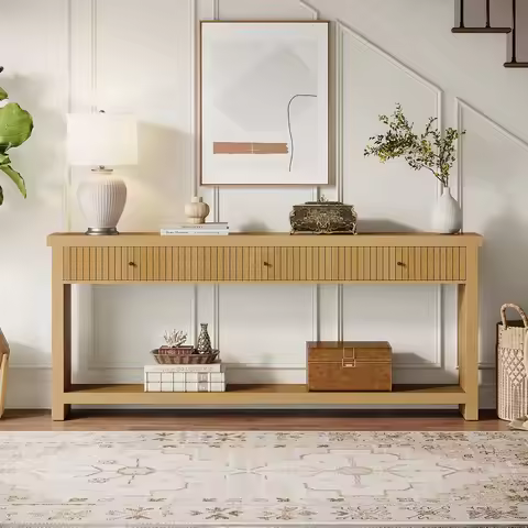 Tribesigns 70.9 inch Console Table with 3 Drawers, Extra Long Entryway Table, Wood Sofa Table Oak Fu