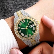 新款水鬼大水鑽鑲鑽男表羅馬刻度日曆嘻哈手錶男金錶綠滿鑽表