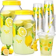 Honeydak 2 Pack 1 Gallon Lemon Plastic Drink Dispenser with 100 Pcs 16 oz Lemon Disposable Plastic C