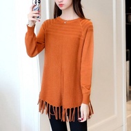 blouse knit tassel - baju rajut korea atasan wanita lengan panjang - orange l