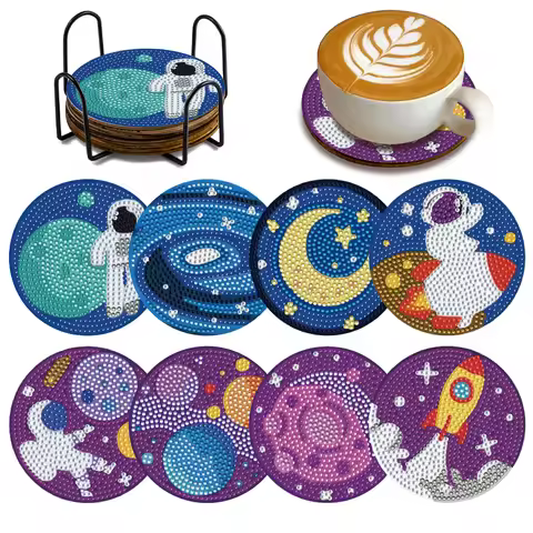 8 Pcs Diamond Painting Coasters Set, Space Series DIY Art Kit with Astronaut Ship Planet, Fun Gift I