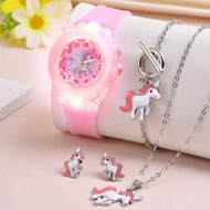 5PCS Unicorn Children's Watch & Bracelet & Necklace & Earrings Nightglow Silicone Girl Watch Childre