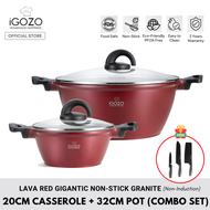 iGOZO Lava Red Gigantic Non Stick Granite Casserole Pot (20cm Casserole / 32cm Pot) [FREE 3pcs Knives]