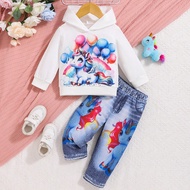 ชุดเด็กหญิง 2 ชิ้น/เซ็ต น่ารักมีห้วหัวพิมพ์ยูนิคอร์นและบอลลูน เสื้อแจ๊คเก็ตฮู้ดและกางเกงลวดลายยีนส์