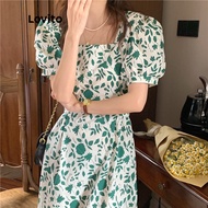 Lovito Casual Floral Tie Back Puff Sleeves Boho Dress for Women LNE05124 (Green)