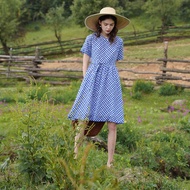 靛藍復古格紋真絲裙 / 雙縐短袖簡約款 / 氣質百搭連衣裙