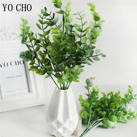 YO CHO Artificial Plants 7 Forks Eucalyptus Leaves Plastic Plants Green Twigs Eucalyptus Leaves Home