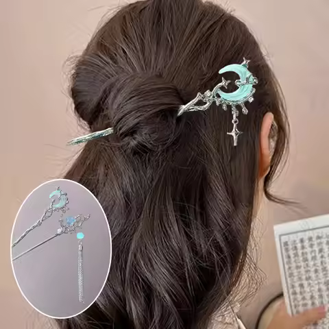 Neo Chinese Style Hairpin For Women Creative Moon Star Shaped Tassel Hair Stick Clear Cryolite Hair 