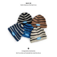 1014 Cat Brother Children Striped Hat New Knitting Belt Blue Label Colored Pullover Dome Casual Fashion Street Wool Hat
