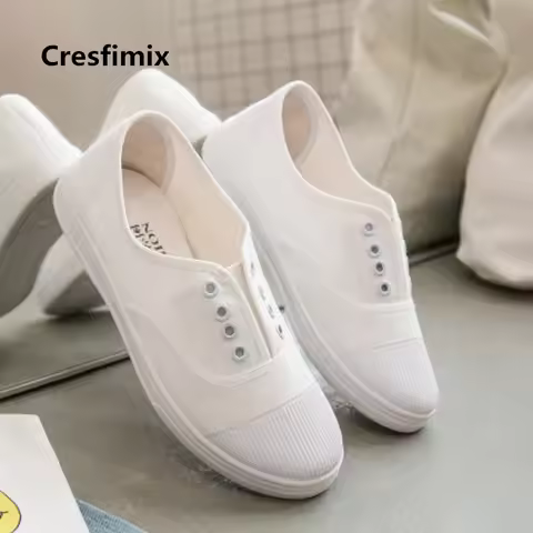 Cresfimix Zapatos de mujer women casual striped lace up shoes lady leisure black & white canvas shoe