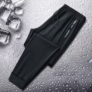 休閒褲男冰絲加肥大碼運動褲夏季透氣薄款長褲拉鍊口袋束脚小脚-黑色-束脚 M