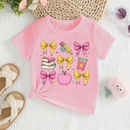 1pc Girls Back To School Casual Cute Pencil Print Round Neck Short Sleeve T-Shirt, School Gift Bow O