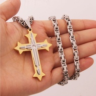 Men's Cross Necklace Gold Color Cross Pendant Stainless Steel Byzantine Chain Necklace Hip Hop Male 