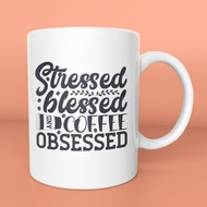 Stressed Blessed and Coffee Obsessised Quotes Motif Mug Glass Ceramic Keko