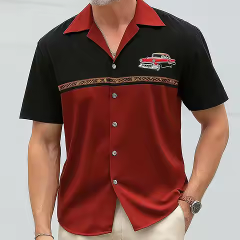 Men's Bowling Shirt Men's Fashion Car Geometric Color Block Bowling Shirt, Short Sleeve Collar Butto