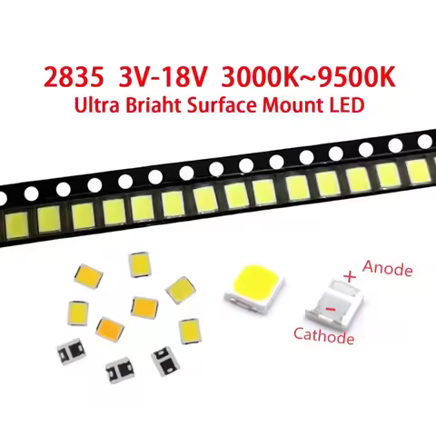 100PCS 2835 SMD 1W White LED Chip 3V 6V 9V 18V Adjustable Voltage, 30mA-350mA Current, 3000K 4000K 6