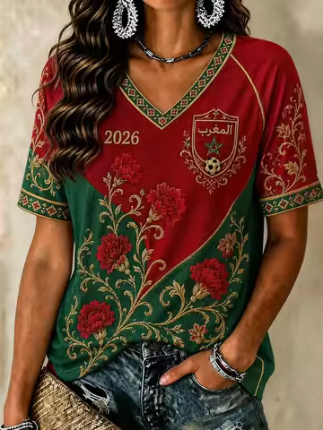 Women’s Morocco Football Printed Casual V-Neck T-Shirt Football Cultural T-Shirt