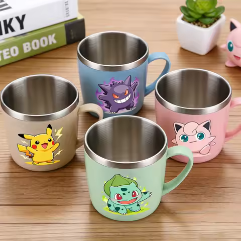 Pokemons 304 Stainless Steel Mouth Cup Pikachu Eevee Anime Cute Coffee Milk Water Mug Household Anti