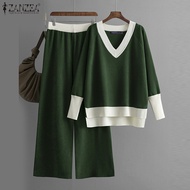 Zanzea เสื้อสเวตเตอร์คอวีของผู้หญิงเสื้อสเวตเตอร์คอยาวแขนเสื้อชุดลำลองกางเกงขาม้าชุดต่อสีตัดกัน #241