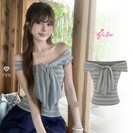 Rita Off-Shoulder Top Tie-Up Design Gray Stripes Can Be Worn In 2 Ways Women's Fashion Sexy Crop Tra