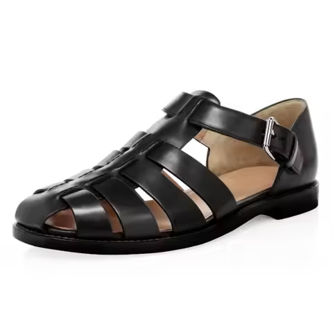 Summer Casual Flat Shoes Men Genuine Leather Sandal Buckle Solid Color Weave Breathable Vintage Men 