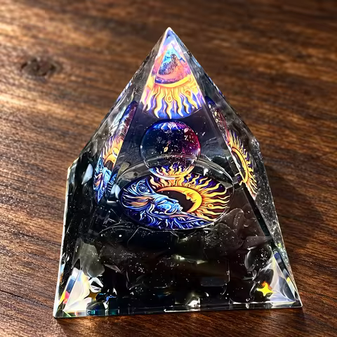 Sun Moon Face Orgonite Pyramid Natural Obsidian Chips Crystal Sphere Resin Energy Generator Reiki Me