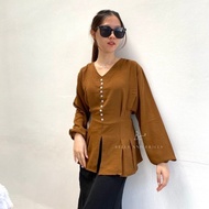 KEMEJA ASOKA Crinkle Blouse / Long Sleeve V Neck Long Sleeve Top / Puff Sleeve Shirt Invitation 0463