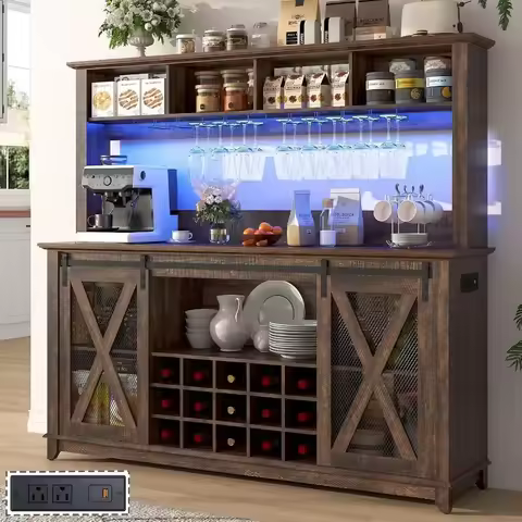63"Wide 58"H Farmhouse Coffee Bar Cabinet with Power Outlet and LED Light, Wine Bar Cabinet w/ 4 Sto