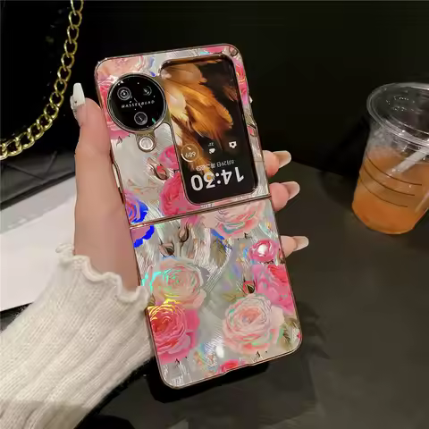 N3 Flip Flower Cover Laser Gold Plating Floral Case For OPPO Find N3 Flip/N2 Flip Protective Hard Ba